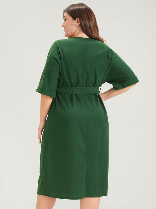 Solid Pocket Roll Sleeve Split Lapel Collar Wrap Belted Dress