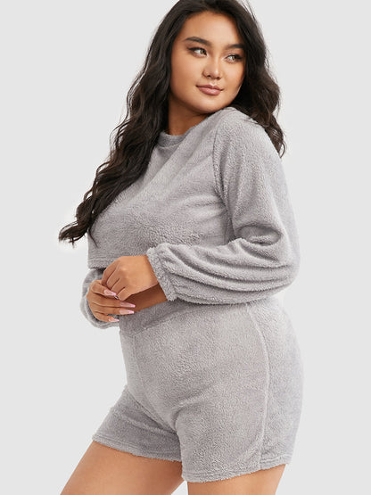 Solid Crop Top & Shorts Flannel Lounge Set