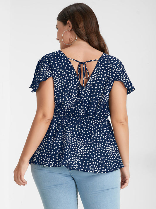 Butterfly Printed Split Ruffles Ties Wrap Blouse