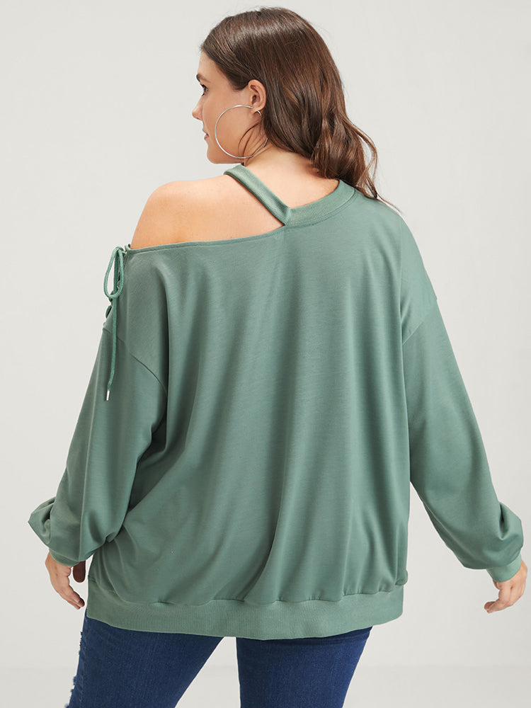 Plain Lace Up Asymmetrical One Shoulder Sweatshirt