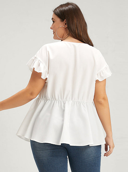 Plain Ruffles Cap Sleeve Cut Out Blouse