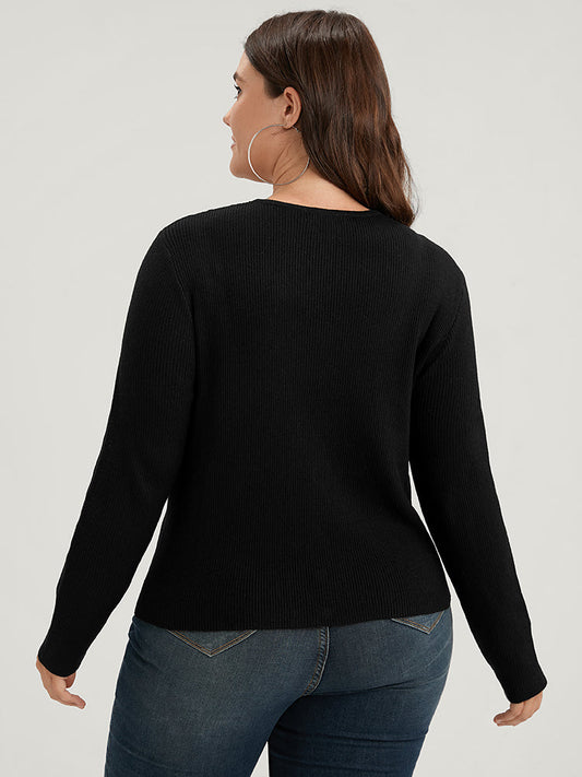 Plain Rib Knit Button Front Knit Top