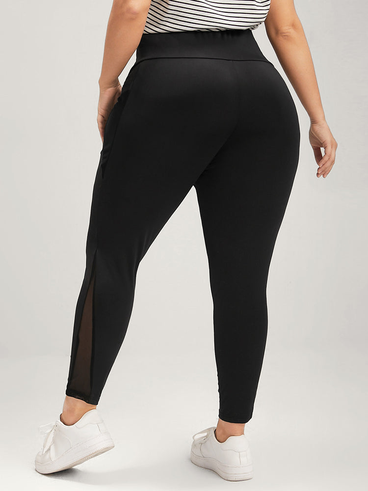Plain Mesh Pocket Wide Waistband  Leggings