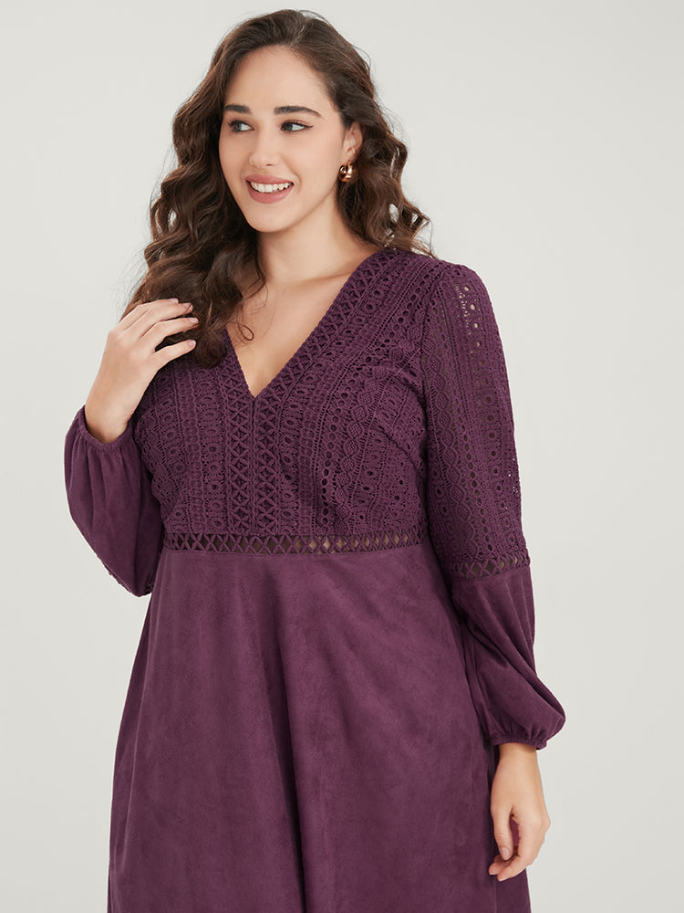 Solid Lantern Sleeve Pocket Crochet Lace Dress