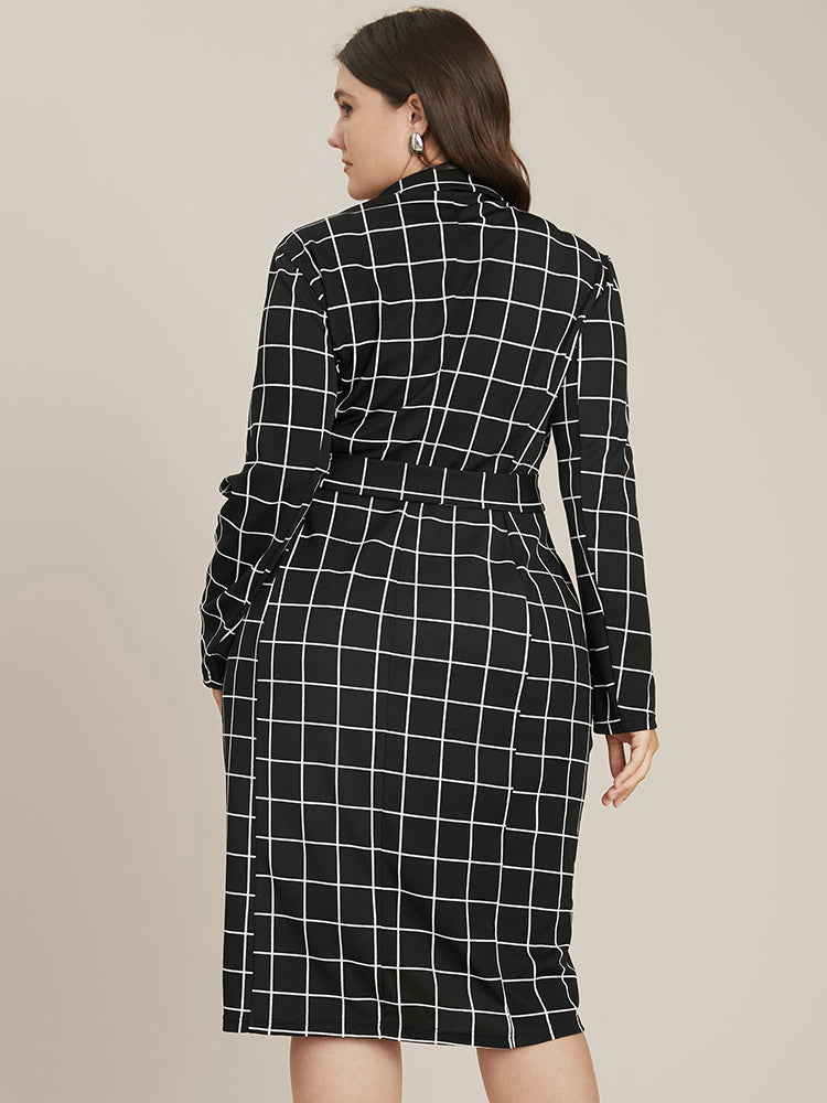 Plaid Lapel Collar Pocket Belted Midi Dress