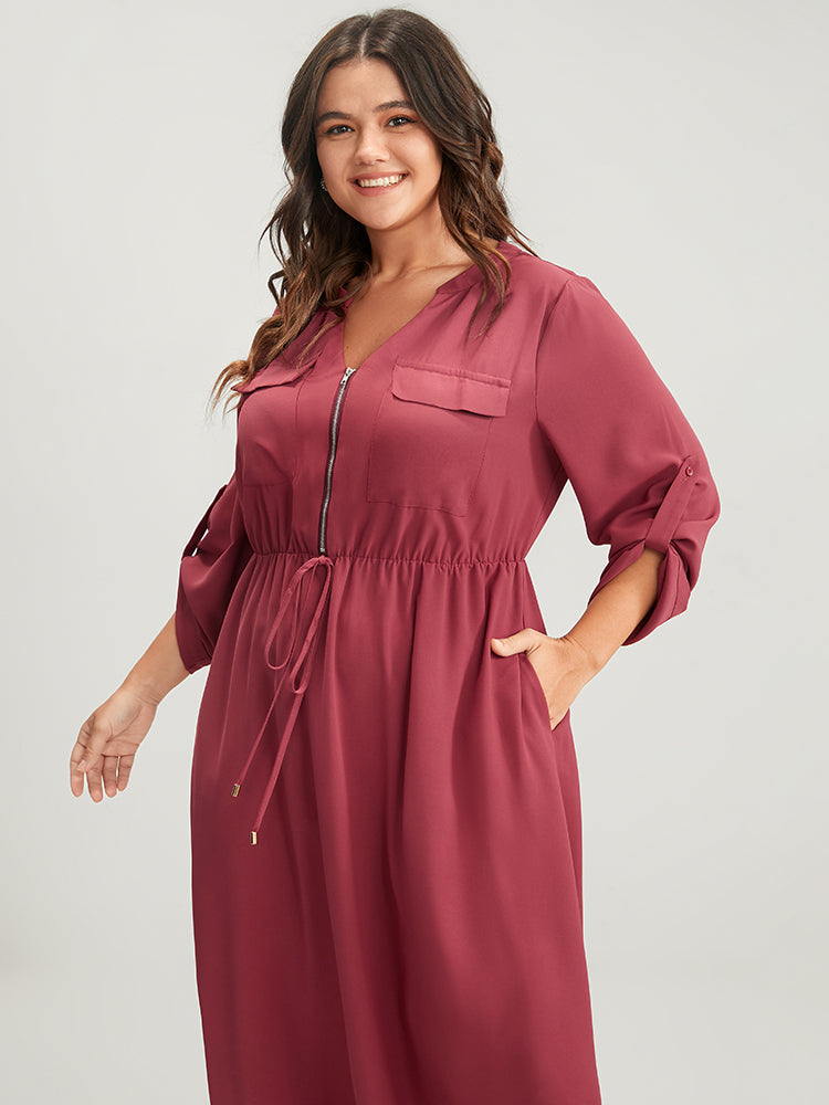 Solid Zipper Cuffed Sleeve Pocket Tie Up Asymmetrical Hem Dress