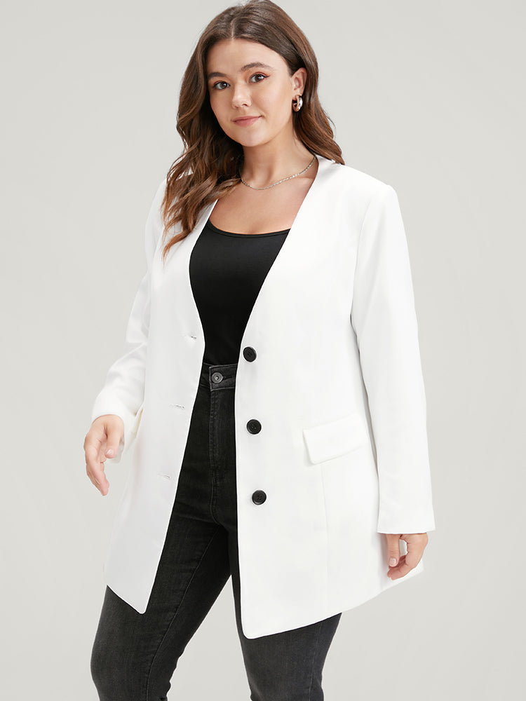Solid Button Up Flap Pocket V Neck Blazer