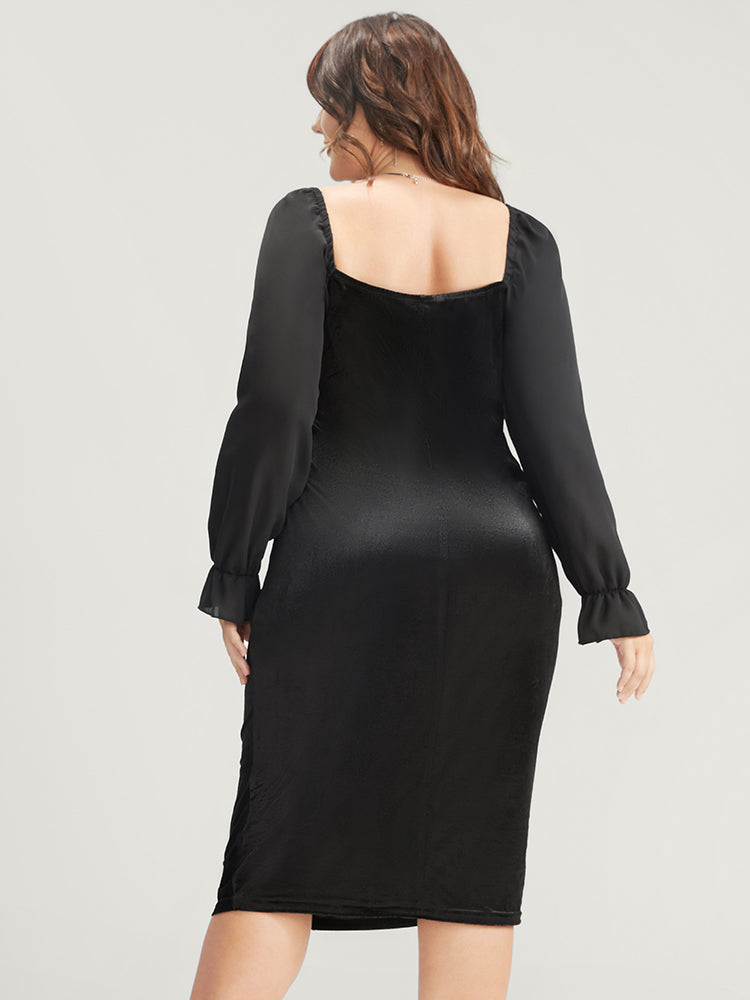 Solid Lantern Sleeve Ruched Velvet Knee Dress