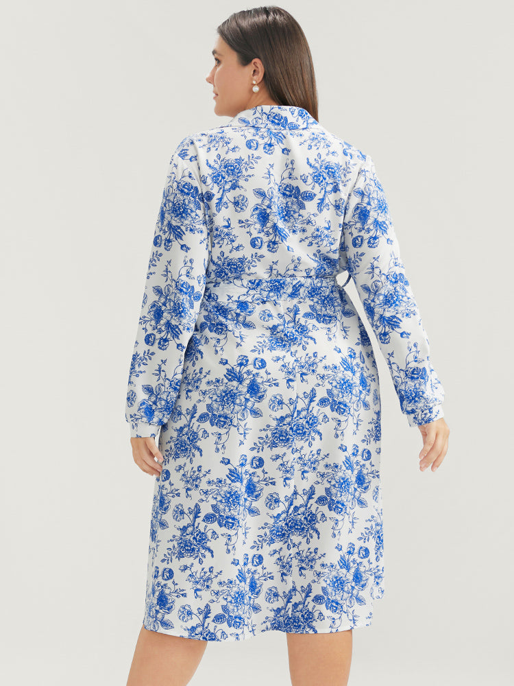 Floral Button Up Pocket Belted Lapel Collar Dress