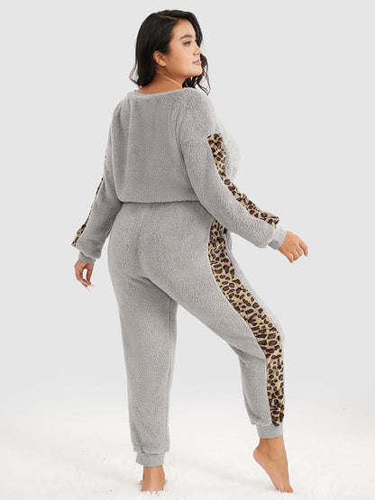 Leopard Panel Drawstring Flannel Lounge Set