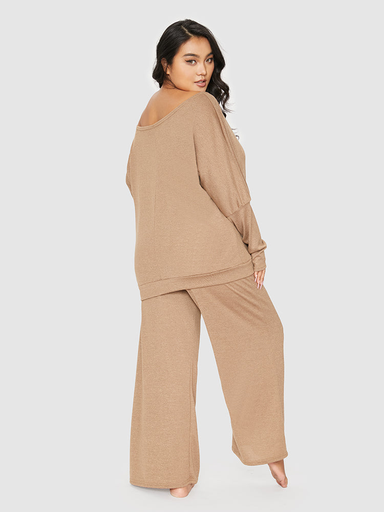 Solid Off Shoulder Knit Loungewear Set