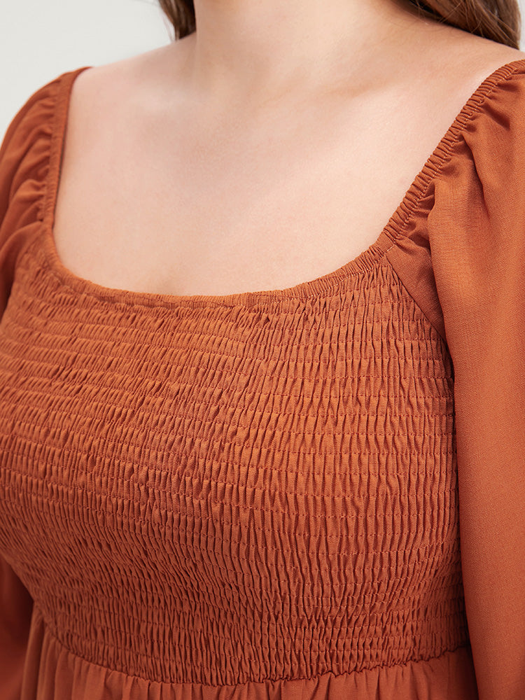 Solid Shirred Square Neck Lantern Sleeve Split Hem Dress