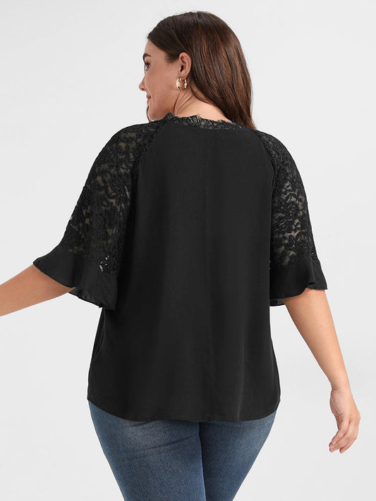 Plain Ruffles Contrast Lace V Neck Blouse