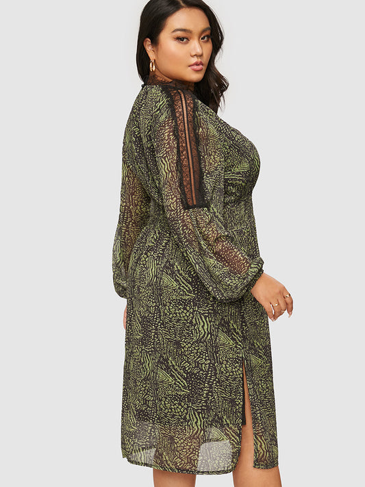 Graphic Pattern Lace Trim Chiffon Dress