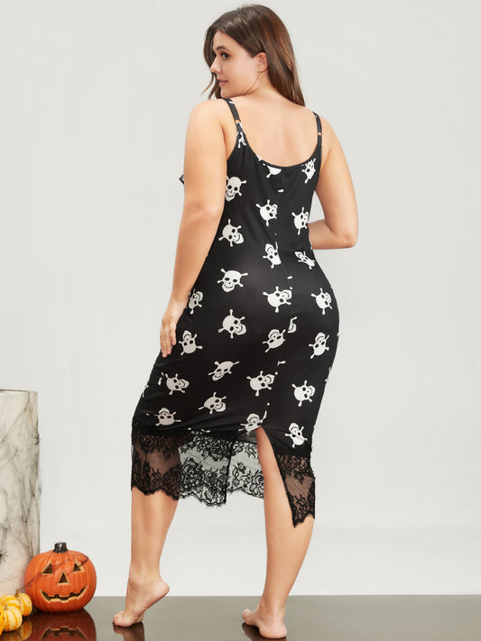 Halloween Skull Print Lace Split Cami Dress