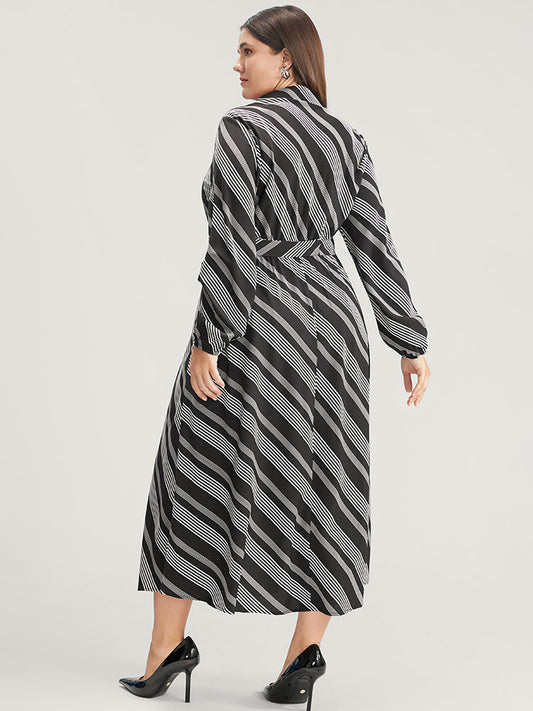 Striped Lantern Sleeve Pocket Belted Lapel Collar Dress