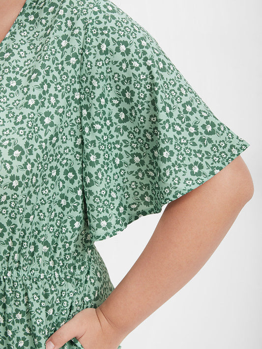 Ditsy Floral Ruffles Trim Pocket Button Midi Dress