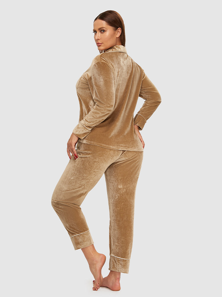 Contrast Binding Button Pocket Velvet Pajama Set