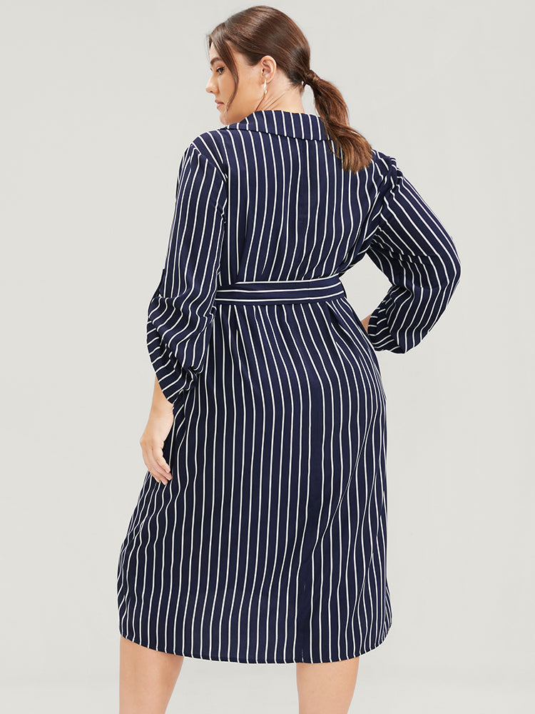 Striped Lapel Collar Pocket Cuffed Sleeve Split Belted Knee Dress