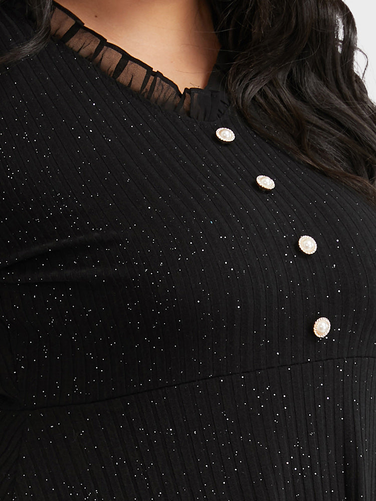 Button Ruffles Mesh Stitching Sweater Dress