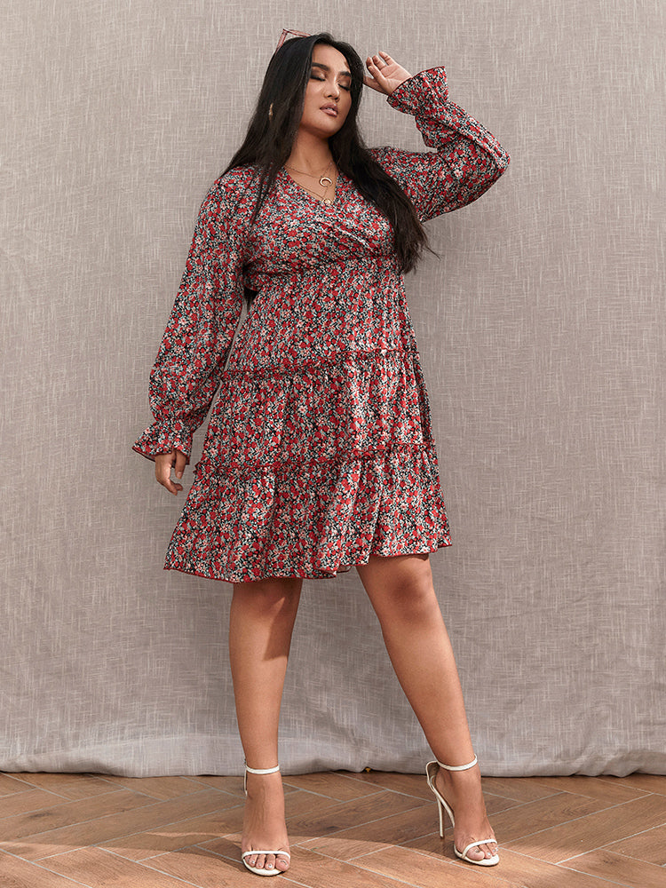 Floral V-Neck Frill Trim Teired Dress