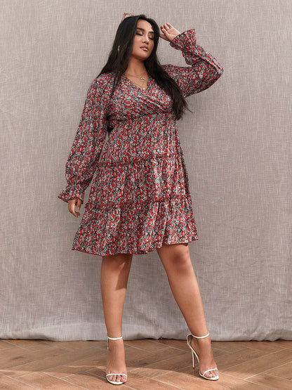 Floral V-Neck Frill Trim Teired Dress