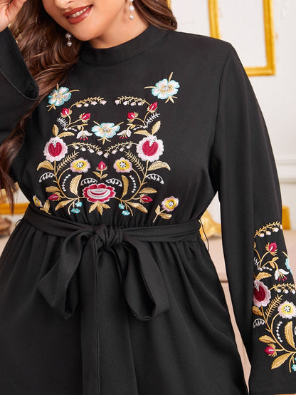 Bell Sleeve Floral Embroidered Belted Jumpsuit