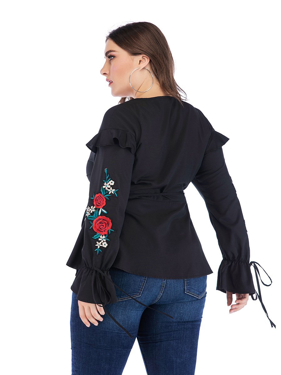 Embroidery Ruffle Sleeve Wrap Blouse
