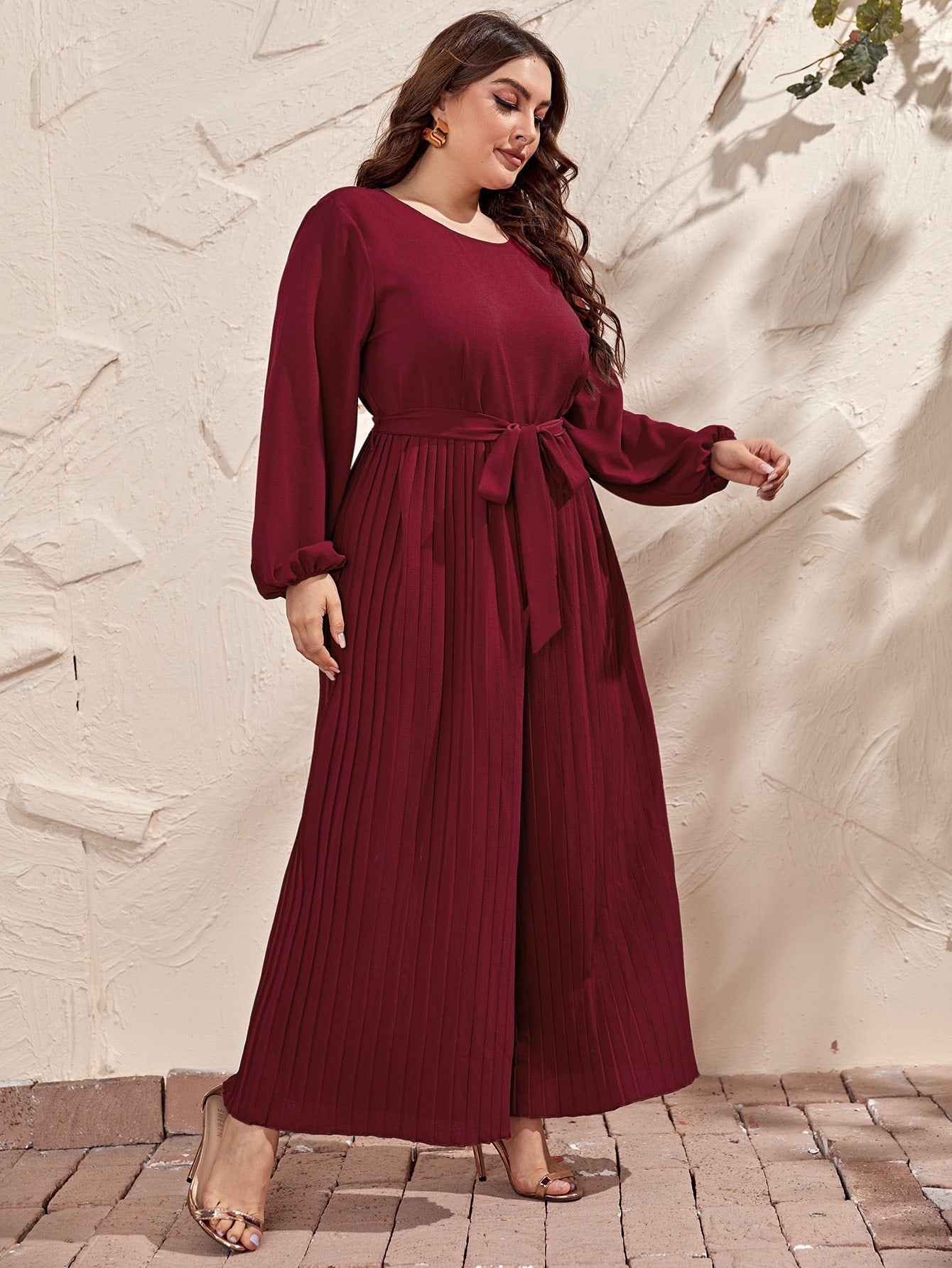 Solid Pleated Belted Jumpsuit