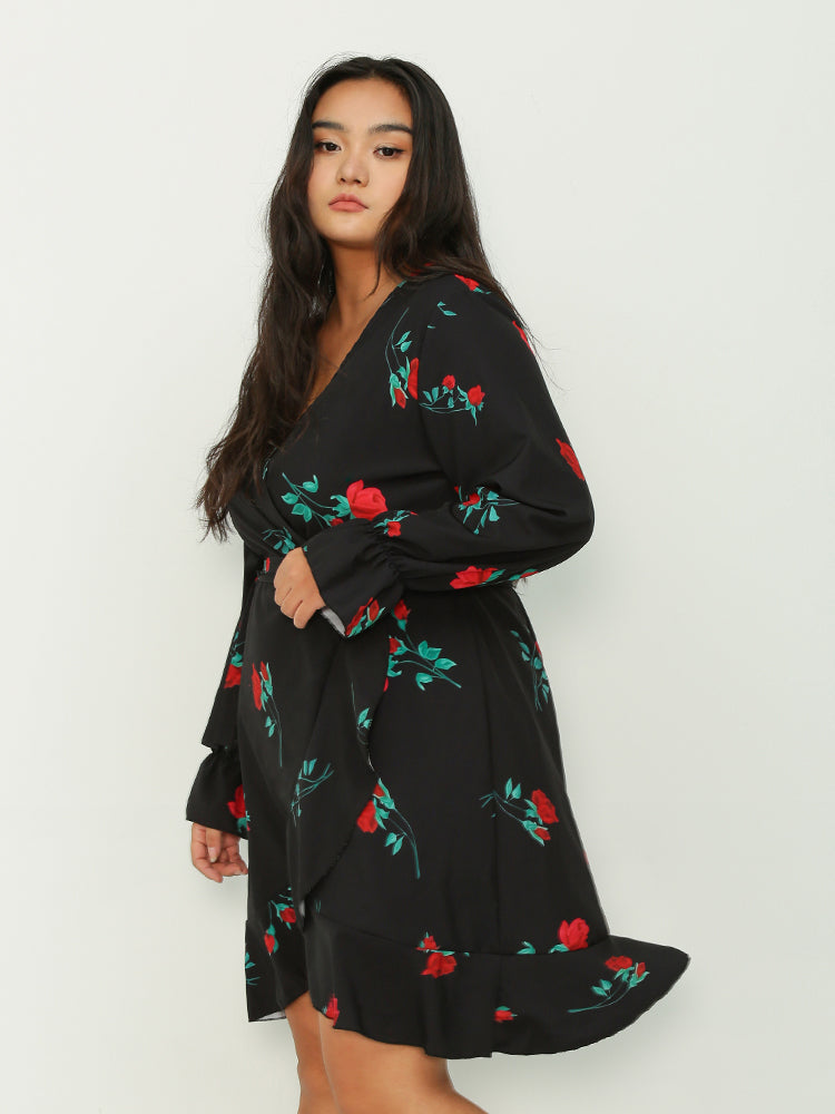 Irregular Hem Ruffled Floral Dress