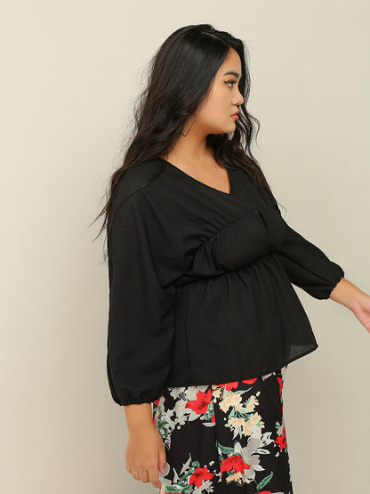 V-neck Shirred Waist Blouse