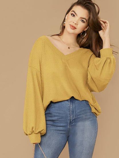 Drop Shoulder Lantern Sleeve Waffle Knit Top