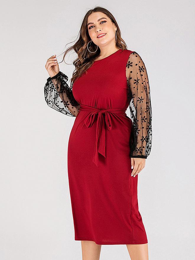 Lace Patcwork Belt Midi Dress