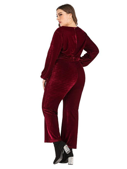 Velvet V-neck Solid Color Jumpsuits