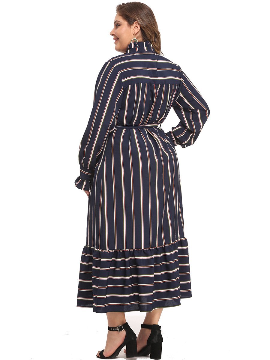 Stripe V-neck Belt Casual Maxi Dress