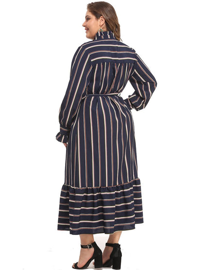 Stripe V-neck Belt Casual Maxi Dress