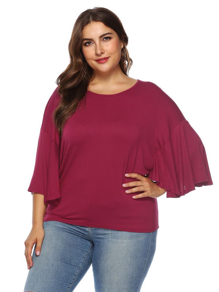 Ruffle Sleeve Solid Color T-shirt
