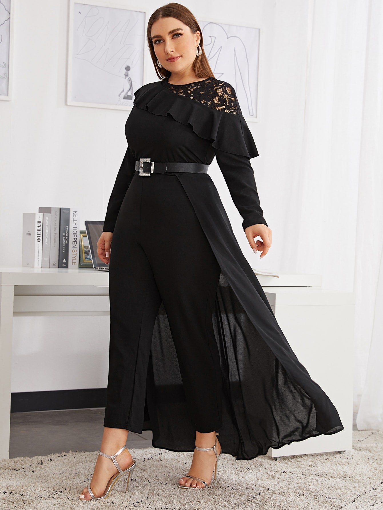 Lace Insert Ruffle Trim Skirt Overlay Jumpsuit Without Belt