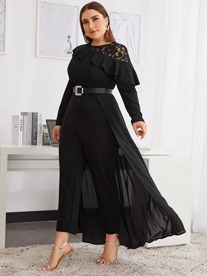 Lace Insert Ruffle Trim Skirt Overlay Jumpsuit Without Belt