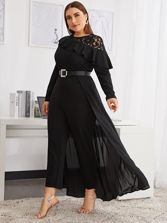 Lace Insert Ruffle Trim Skirt Overlay Jumpsuit Without Belt