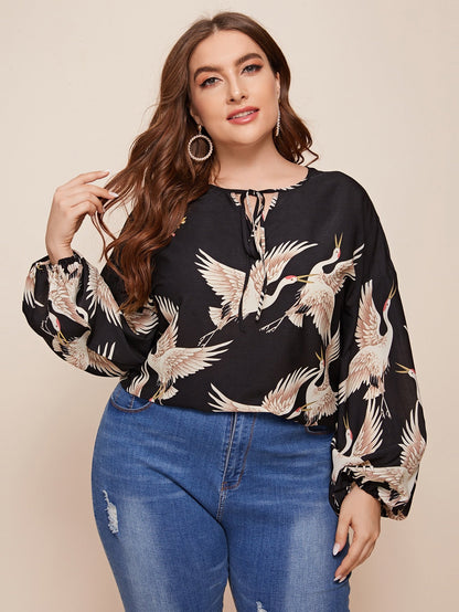 Swan Print Tie Neck Curved Hem Top