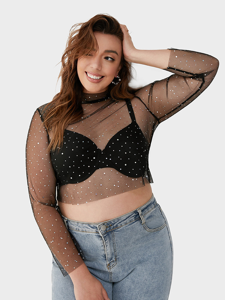 Galaxy Print Mesh Mock Neck Bodycon T-shirt