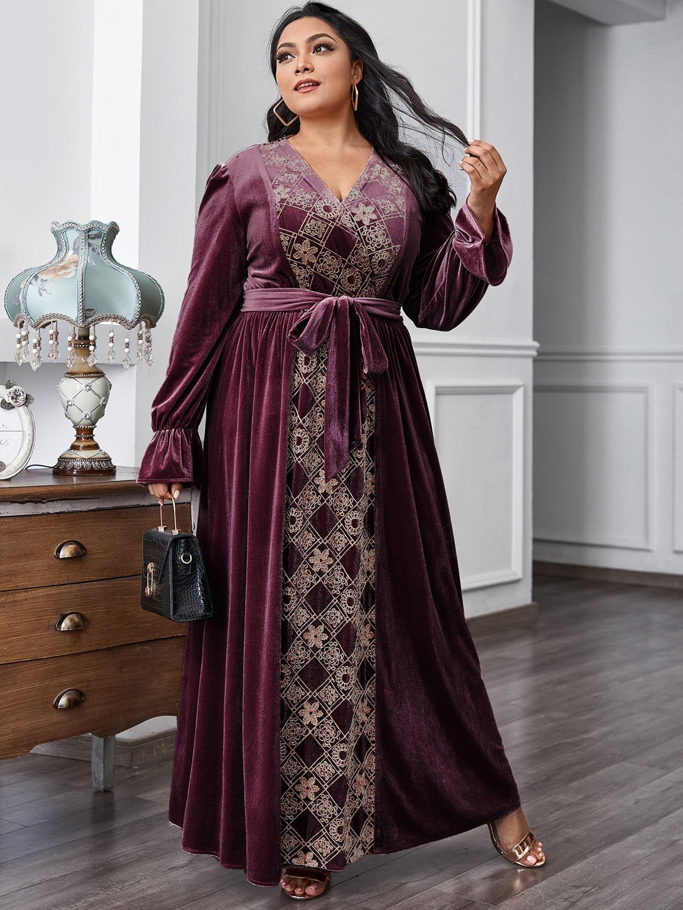 Floral & Argyle Embroidered Belt Velvet A-line Dress