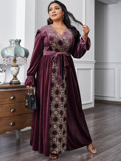 Floral & Argyle Embroidered Belt Velvet A-line Dress
