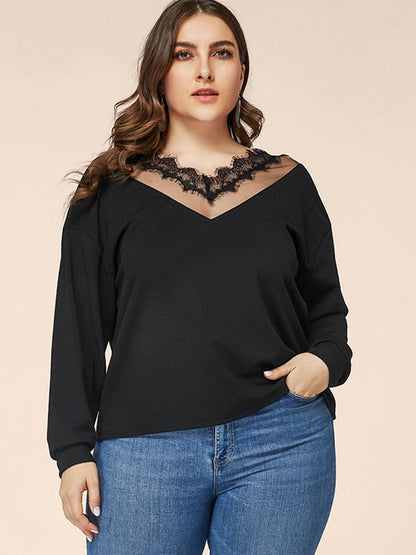 Lace Hollow Out V-neck Solid Color Top