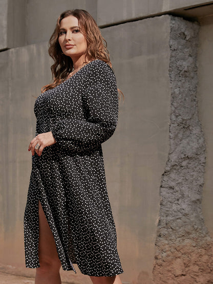 V Neck Polka Dot Split Hem Dress