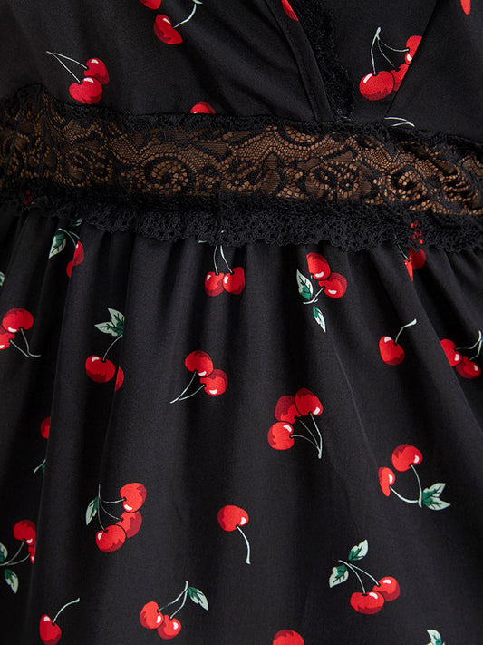 Cherry Print Insert Lace Slip Sleep Dress