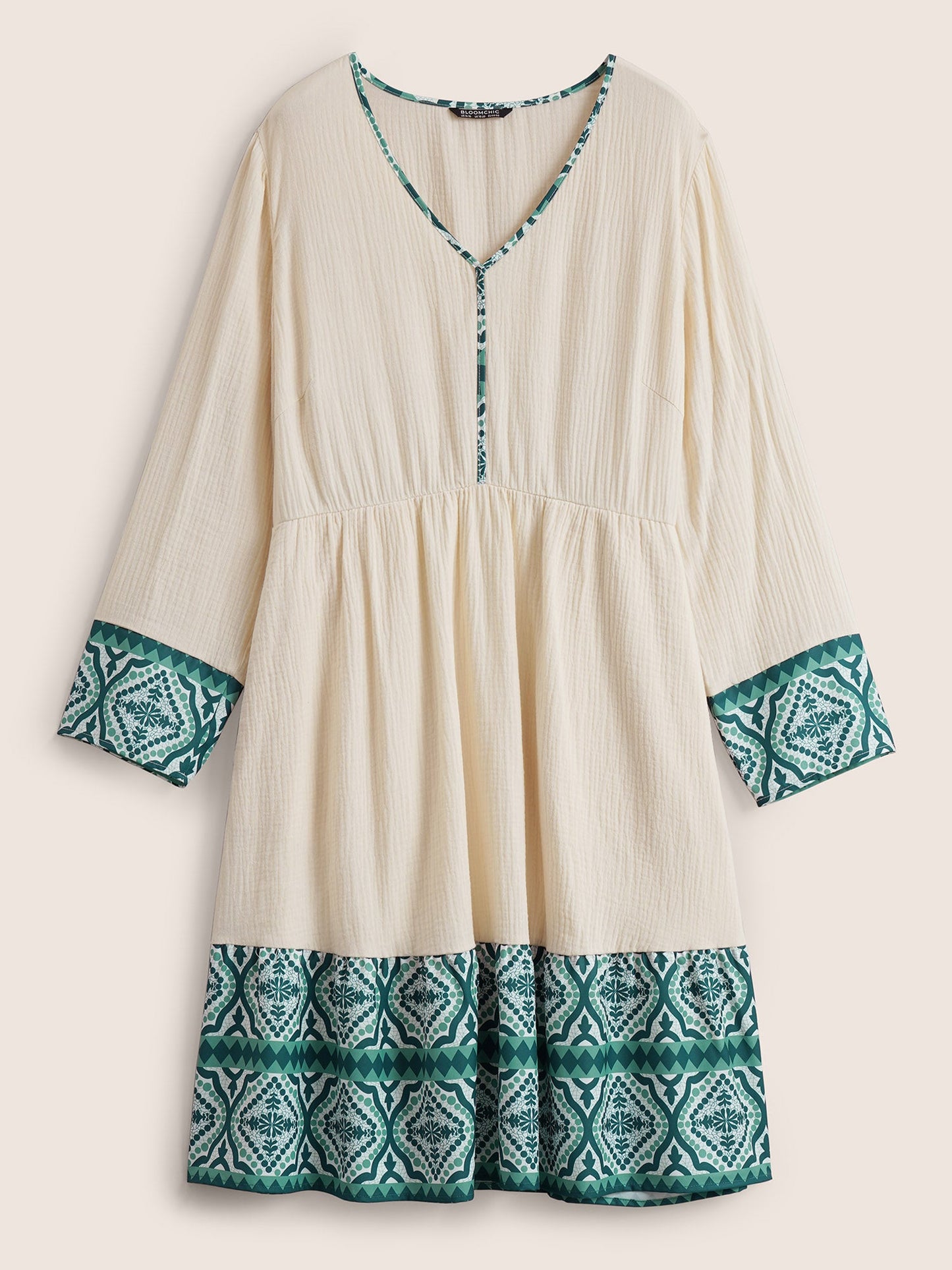 Boho Print Patchwork Elastic Waist Texture Dress