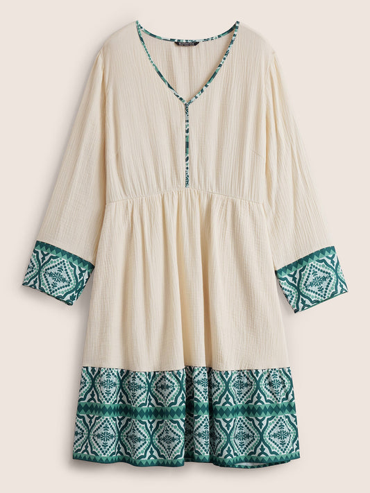 Boho Print Patchwork Elastic Waist Texture Dress