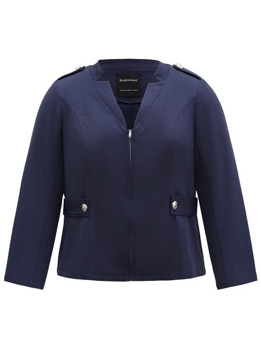 Plain Button Detail Notched Zipper Blazer